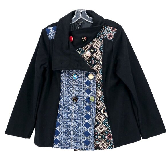 NWT Coco + Carmen Black Tapestry Boho Unique Cotton Wool Blend Coat Size L/XL